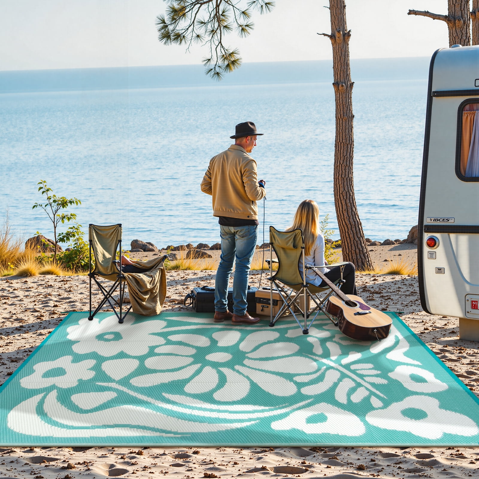 Wonnitar 6x9 Outdoor Rug Waterproof, Plastic Straw RV Rugs for Outside, Large Portable RV Outdoor Carpet，Blue Floral Rug for Picnic Garden Patio