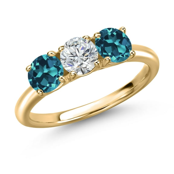 Gem Stone King 10K Yellow Gold Lab Grown Diamond and London Blue Topaz Engagement Ring for Women | 1.90 Cttw | Round 5MM | Gemstone April Birthstone | Size 9