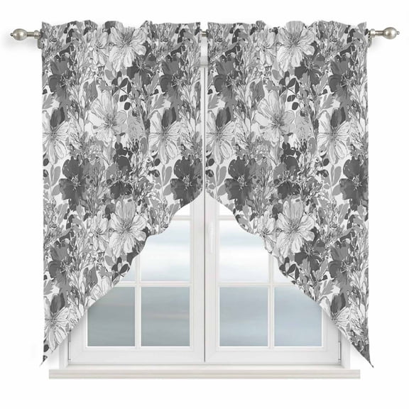 Spring Floral Swag Curtains for Kitchen/Bedroom/Living Room, Retro Country Flowers Leaves Botanical Gray Scalloped Curtains 63 Inch Long, Window Swag Topper Curtains Valances 2 Panels Set 36"x63"
