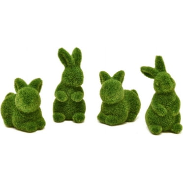 4Pcs Green Fuzzy Flocked Bunny Easter Holiday Spring Decor Rabbit Figurines Garden Artificial Animal Moss for Indoor Table Home, Kitchen, Shelf Decorations Furry Covered Rabbits