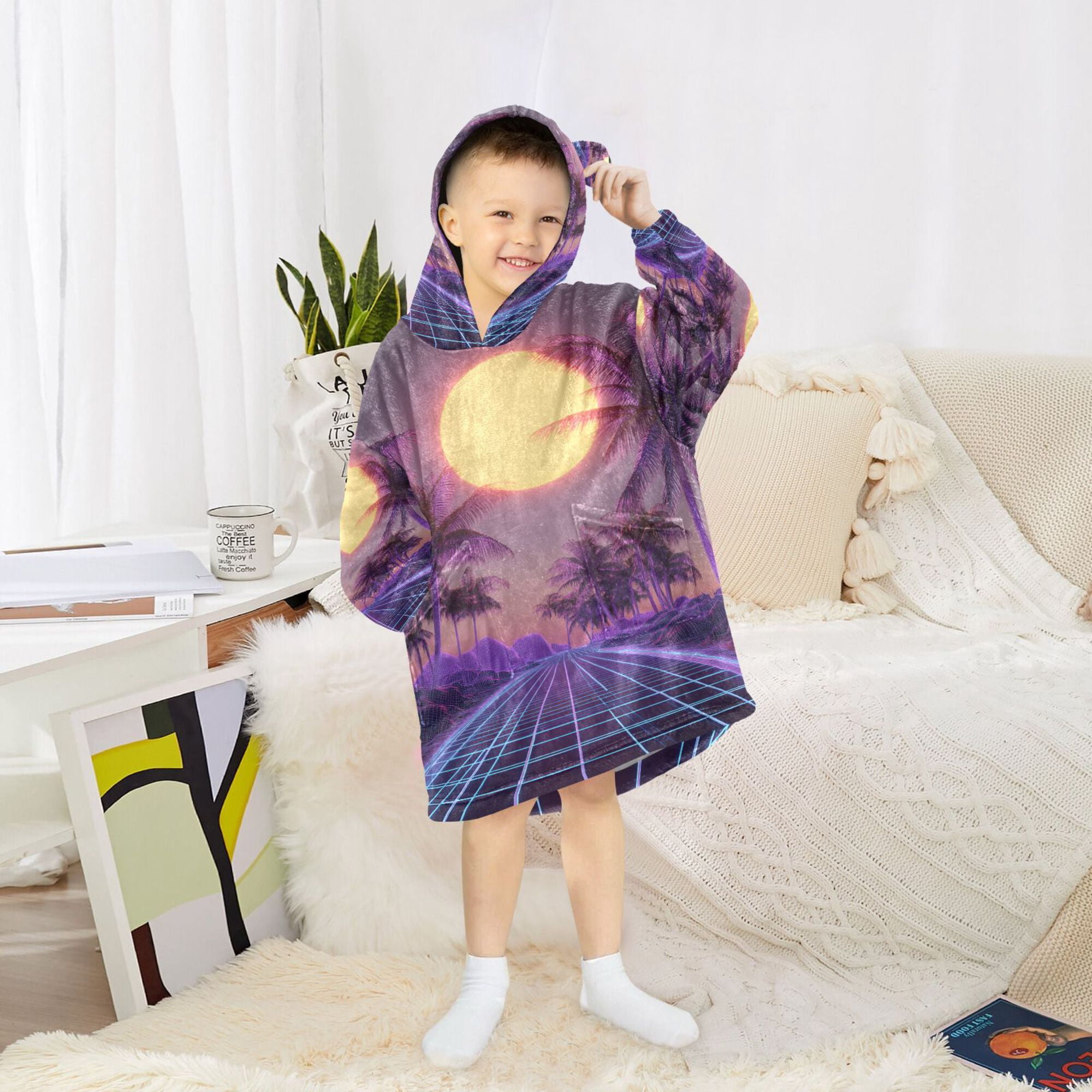 FORMRS Wearable Blanket Hoodie with Sleeves for Kids Cozy Flannel Sweatshirt, Night Purple Road