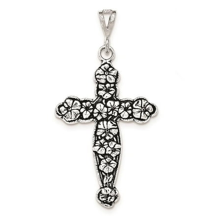 Sterling Silver Antiqued & Textured Large Floral Cross Polished Charm Pendant