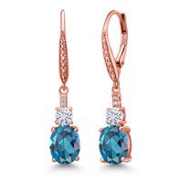 Gem Stone King 18K Rose Gold Plated Silver London Blue Topaz and Moissanite Dangle Earrings for Women with Lab Grown Diamond (4.99 Cttw, Oval 9X7MM)