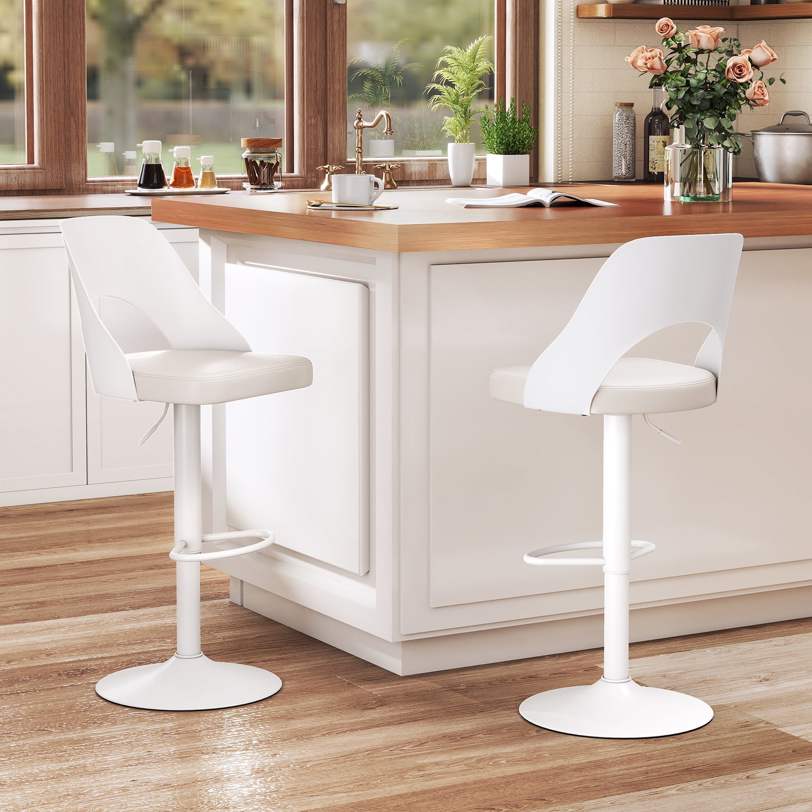 Gymax Bar Stools Set of 2 w/Enlarged PU Leather Seat Footrest Swivel Bar Chairs White