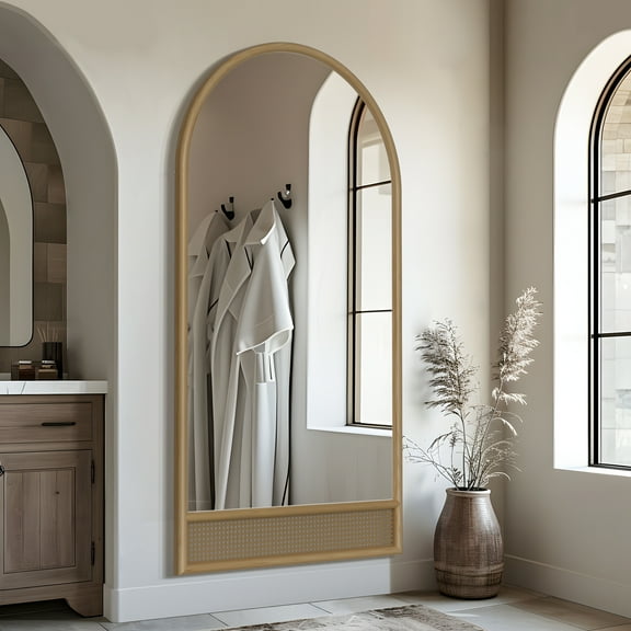 71"x37" Wood Rattan Wall Mirror Arched Mirror,Brown