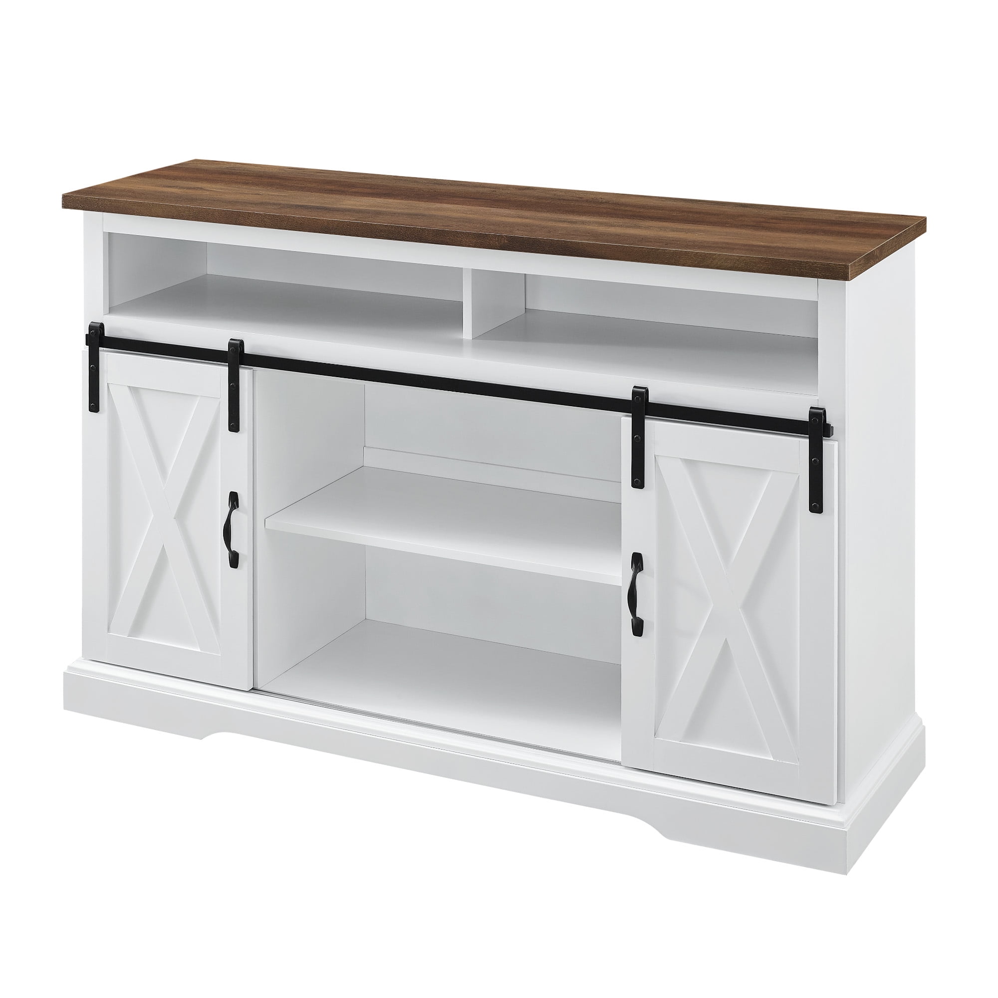 Walker Edison Farmhouse Barn Door TV Stand for TVs up to 60", Solid White & Rustic Oak