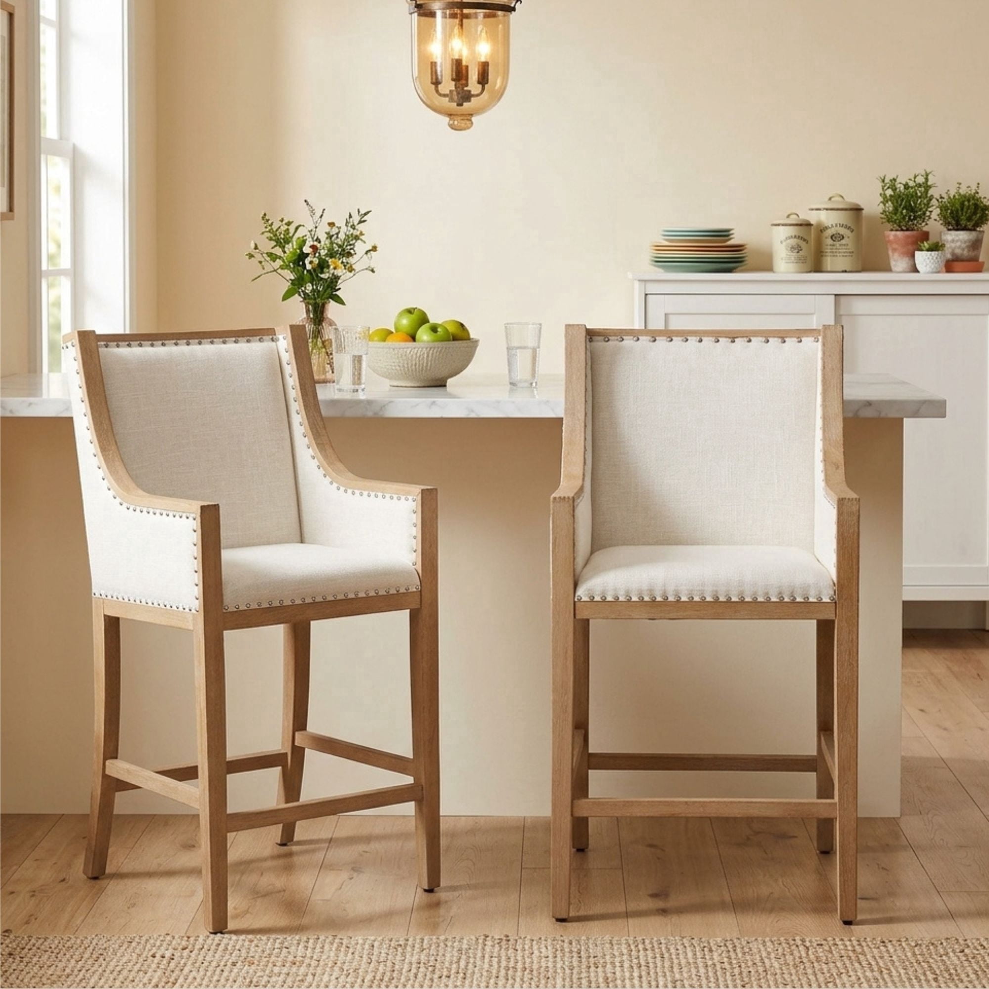 Dayalane Modern Farmhouse Bar Stools Set of 2, 26.5" Counter Height Bar Stools with Armrests, Linen Upholstered & Solid Wood Legs Island Chairs for Dining Rooms Kitchens Pub, Beige
