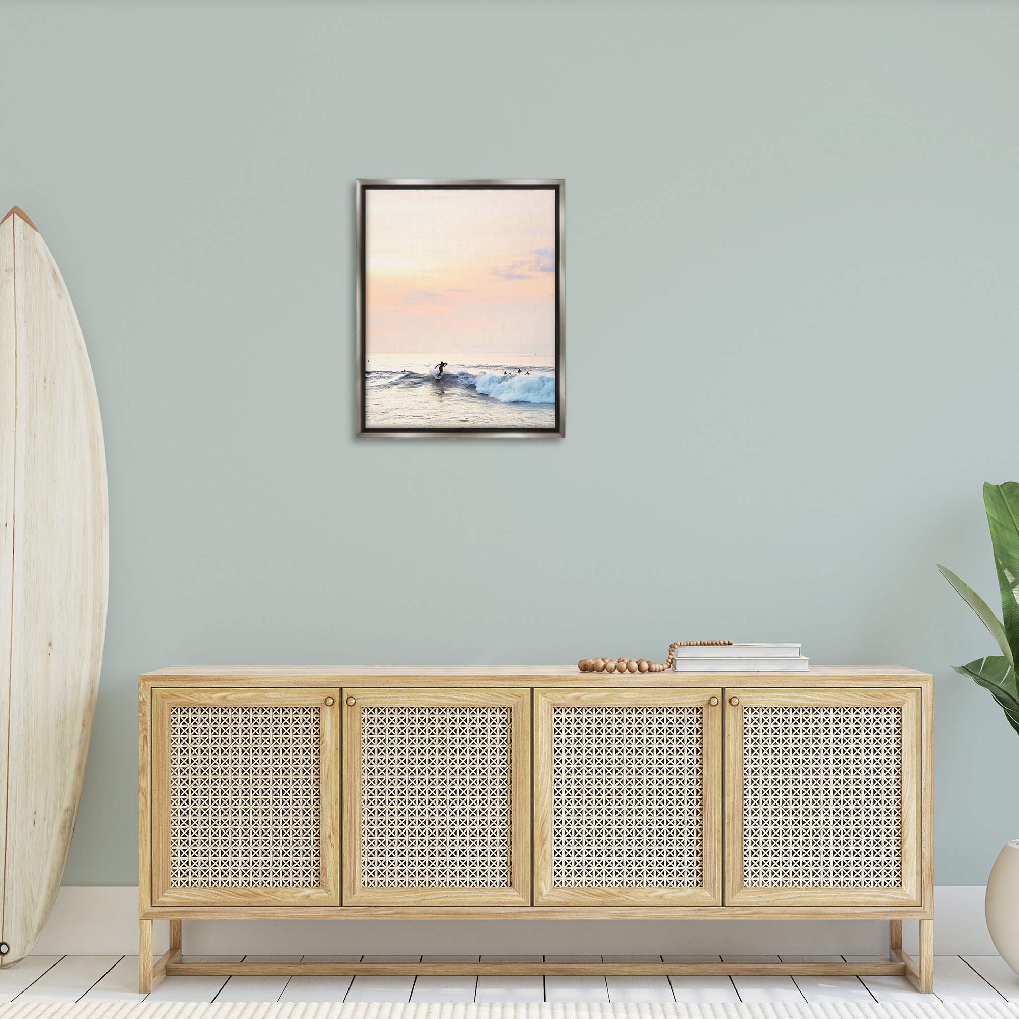 Stupell Industries Sunset Surfer Landscape Coastal Photography Gray Floater Framed Canvas Art Print Wall Art, 25 x 31