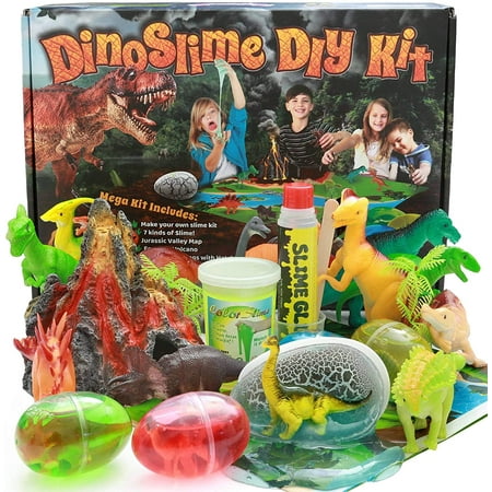Dinosaur Toys MEGA KIT! OMG! Pre-Made Plus DIY Slime!! - Includes Volcano, 12 Jurassic Dinos, 5-Pack Dinosaur Eggs That Hatch - Non-Stick Playset with Mat Has Surprise Bonus Slime Inside!
