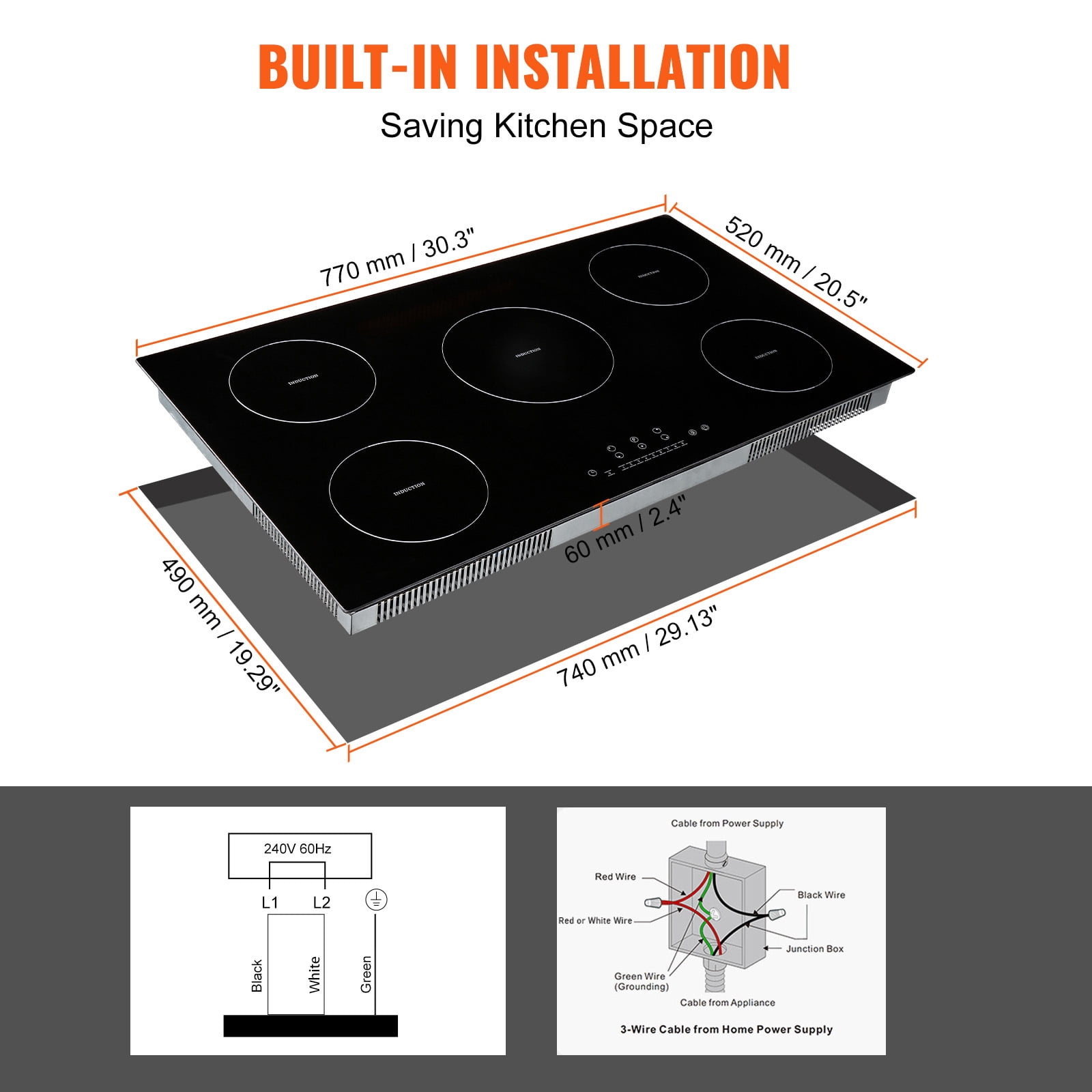 KFFKFF Induction Cooktop, 36'' with 5 Burners, Integrated Magnetic Stove Top 9200W, 9-Stage Heating Versatile Burner, LED Touch Display with Child Safety Lock & Excessive Heat Safeguard