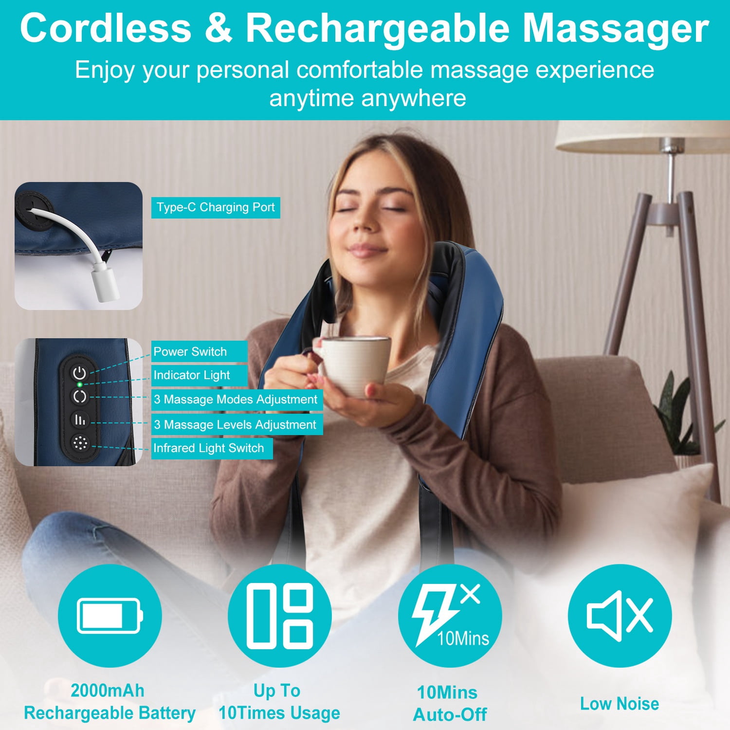 Electric Neck Massager TeqHome Shoulder Back Massager with Infrared Light Heating with 3 Massage Modes Speeds Shiatsu Massage Pillow for Neck Back Shoulder Foot Leg Muscle