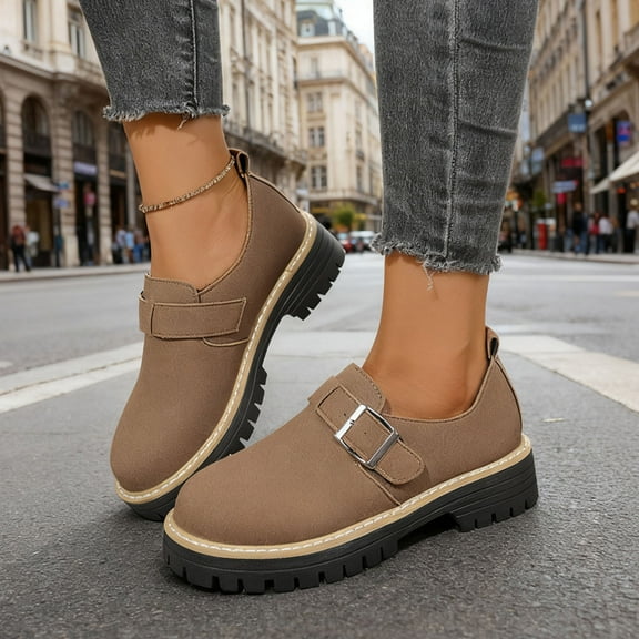 Roncen Women's British Style Vintage Retro Casual Flats - Fashion Round Toe Slip-On Shoes with Metal Square Buckle and Chunky Platform Sole, Versatile Deep Cut Design for Everyday Outfits