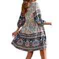 thumbnail image 4 of Women Summer Casual Bohemian Dress Ethnic Style Floral Print V-Neck Puff Sleeve Dress Short Dress, 4 of 6