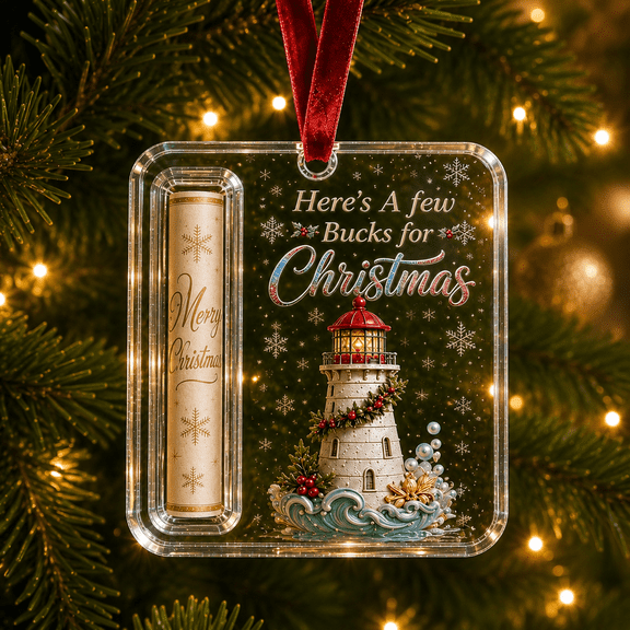Christmas Lighthouse Cash Gift Ornament, Acrylic Money Holder with Ribbon for Coastal Tree Decor and Holiday Gifting, 3.94 in