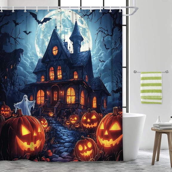 Halloween Shower Curtain, Spooky Castle, Ghosts, Bats, Pumpkins & Full Moon Design Waterproof Shower Curtain Set, Gothic Haunted House Theme for Halloween Parties Bath Curtain with 12 Hook