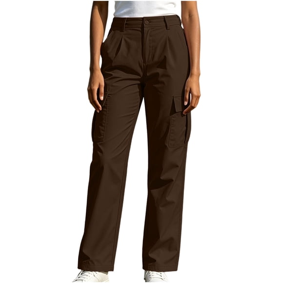 Hinvhai Women's High Waisted Baggy Casual Cargo Pants, Work Hiking Pants with Pockets Brown S(S)