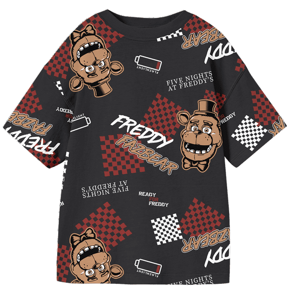Five Nights At Freddy's Low Battery & Checkered Squares All-Over Print Youth Black Crew Neck Short Sleeve T-shirt-XL