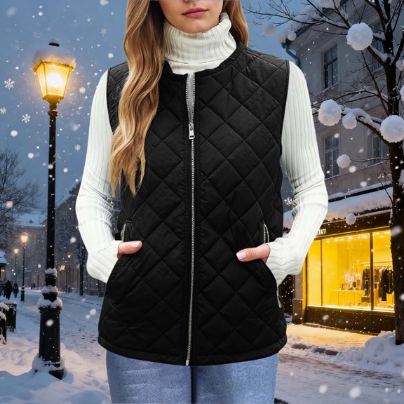 thefmos Women Plus Size Fall Winter Sleeveless Zipper Vest Casual Warm Basic Outerwear Solid Color Packable Vest with Pockets for Travel Vacation, Black L