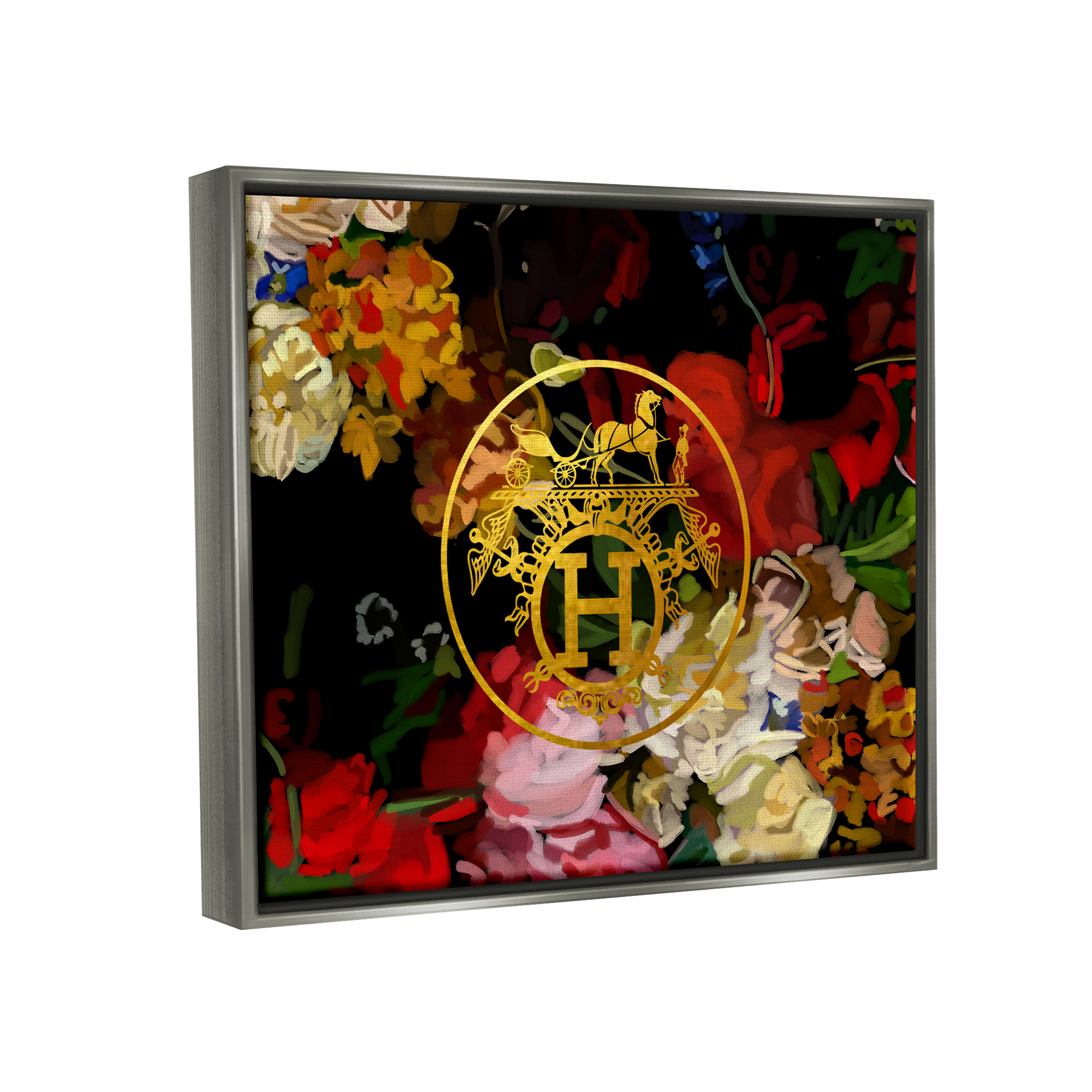 Stupell Industries Glam Emblem Flowers Botanical & Floral Painting Gray Floater Framed Canvas Art Print Wall Art, 31 x 25