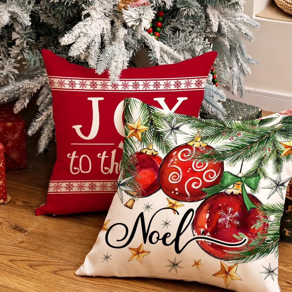 Christmas Throw Pillow Covers 20x20 Inch Set of 4, Xmas Tree Balls Merry and Bright Joy to The World Red Winter Holiday Farmhouse Decorative Cushion Cases for Home Decoration G631-20