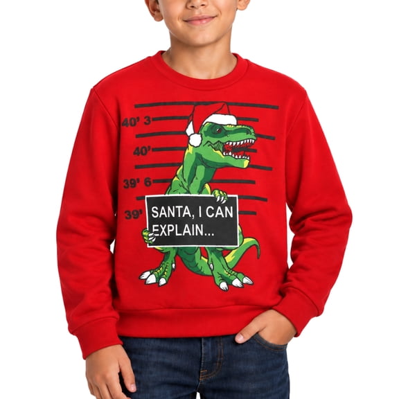 Quad Seven Boys Ugly Christmas Sweater Fleece Novelty Xmas Holiday Party Pullover Sweatshirt Red Dino Can Explain, 16/18