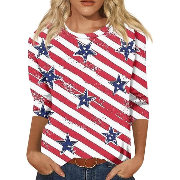 WERYOUNG Casual Patriotic Graphic T Shirt For Women Fourth Of July Celebration T-Shirts 3/4 Sleeves Round Neck Tee Holiday Vacation Comfortable Top