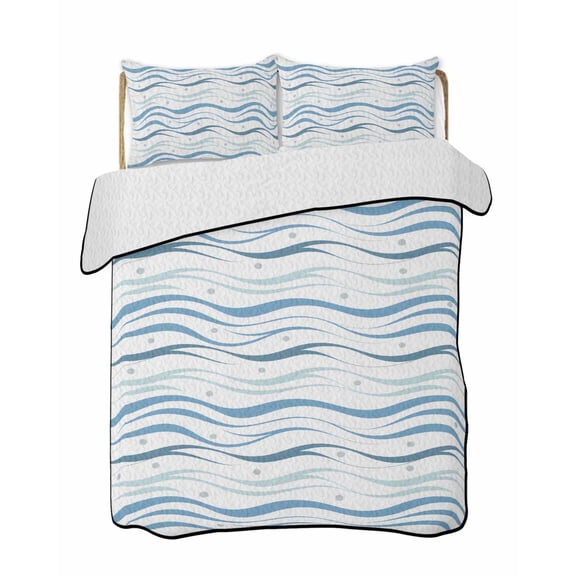 Full Size Quilt Bedding Set, Blue Stripes Reversible Summer Quilt 3 Pieces, Modern Gradient Abstract Ocean Waves Lines Lightweight Bedspreads Coverlets with 2 Pillow Shams for All Seasons