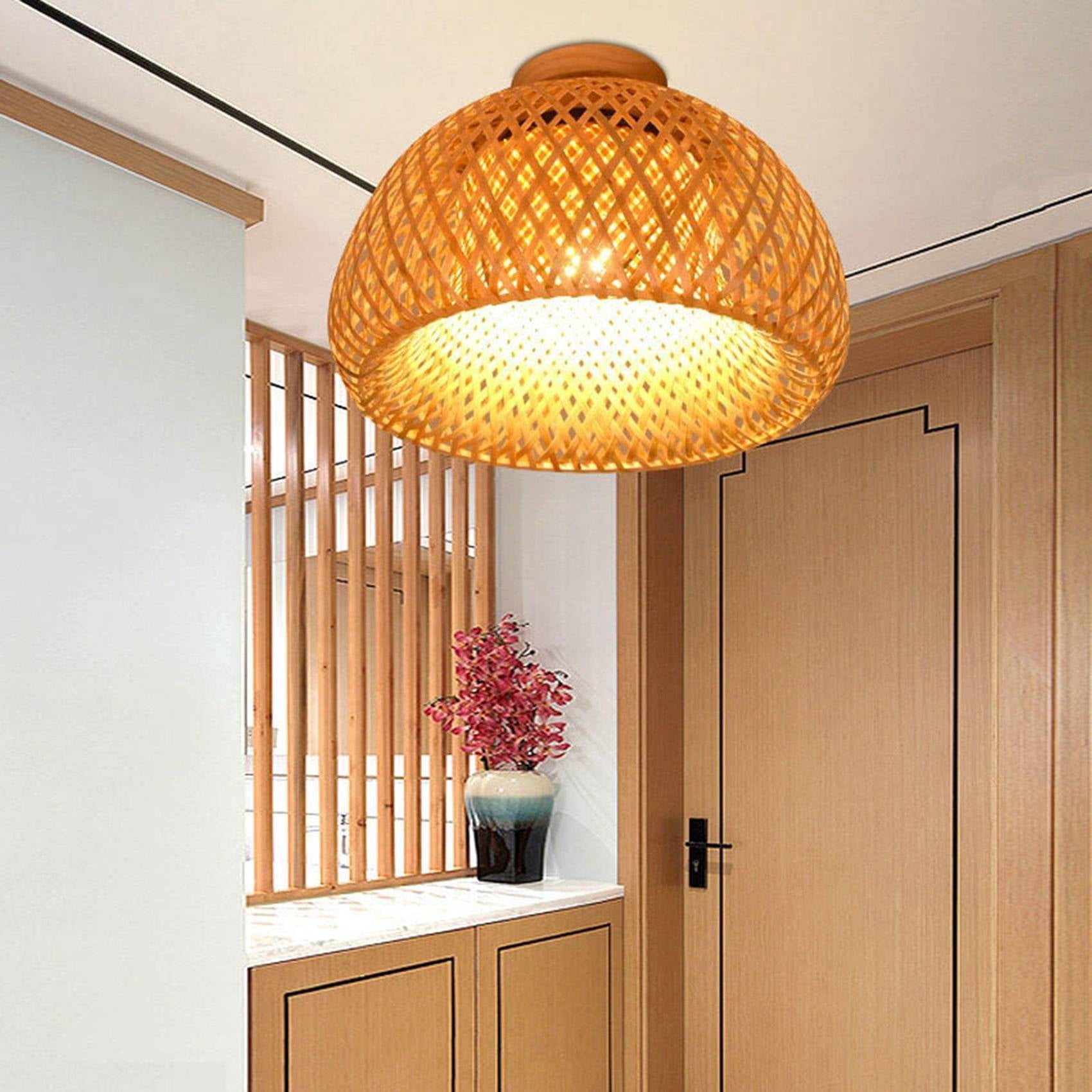 Bamboo Wicker Rattan Light Fixture Flush Mount Hanging Ceiling Lamp for Living Room Bedroom Dining Room,30X18cm
