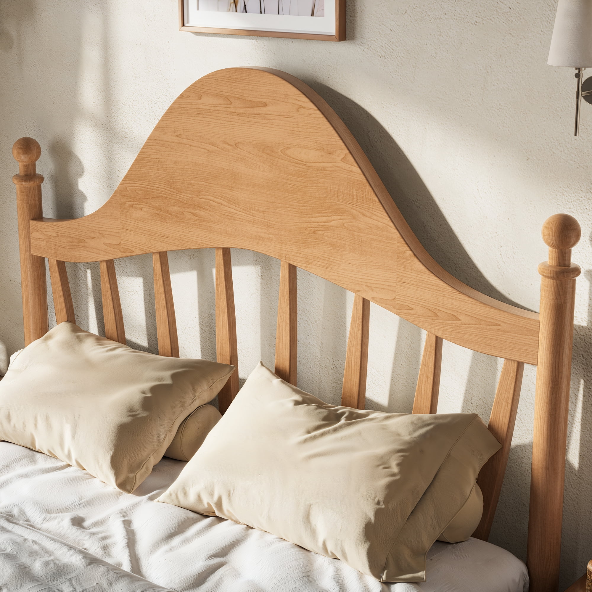 Leumius Full Size Platform Bed with Chic Headboard, Solid Wood Bed Frame with Slatted Support, Low to Ground Design for Bedroom Natural