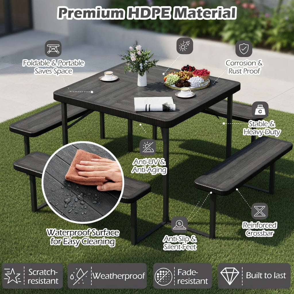 Hommoo Outdoor Square Picnic Table Set with Umbrella Hole, HDPE & Metal, Seats 4–8, Weather-Resistant Patio Dining Set, Black