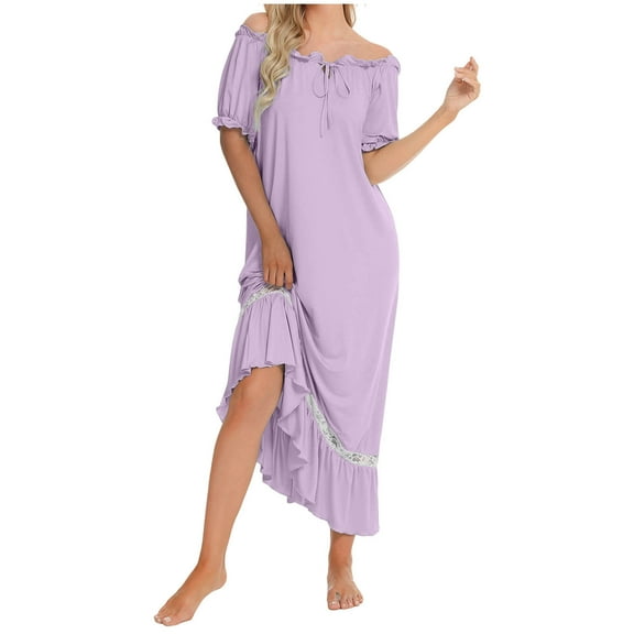 Taylonsss Womens Solid Color Nightdress Off Shoulder Short Sleeve Comfortable Sleepwear Home Loungewear
