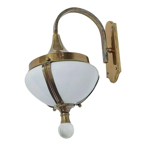 Vintage Art Deco Light Lamp Wall Sconce Fixture Brass & Milk Glass Shade Ship Light