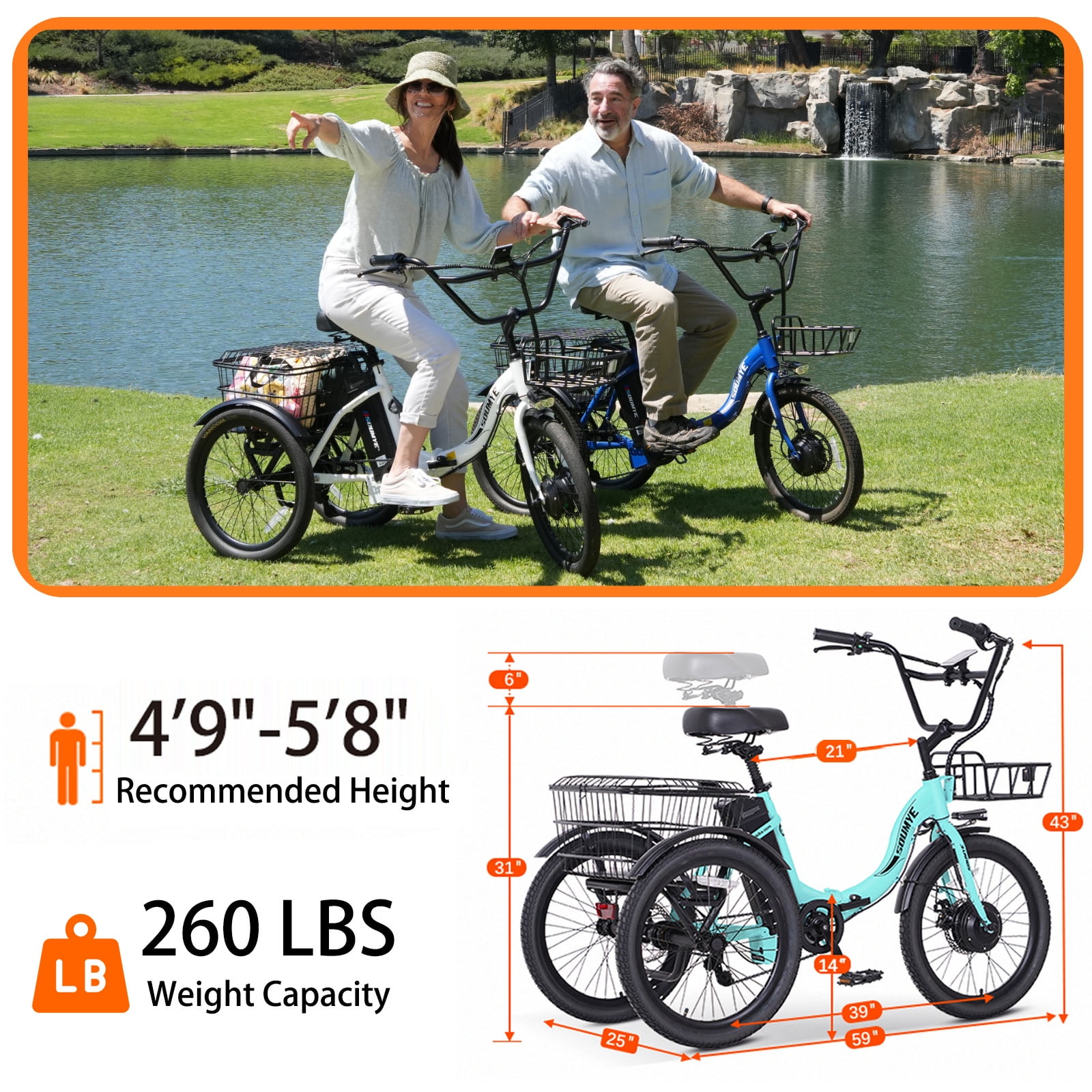 Soumye Electric Tricycle for Adults,20" Folding Electric Trike,3 Wheels Electric Bicycle Bikes, 350W Step-Thru Etrike with 374WH Removable Battery and Large Basket for Women Men
