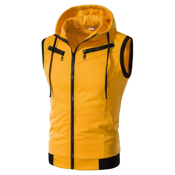 MAWCLOS Men Tank Tops Solid Color T Shirt Hoodie Sleeveless Summer Soft Fitness Zip up Hooded Vest Yellow M