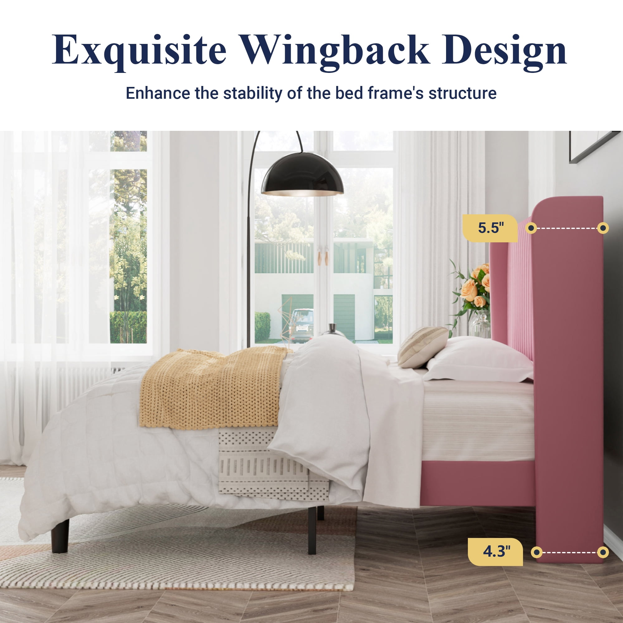 Sifurni QUeen Size Velvet Platform Bed Frame with Vertical Channel Tufted Wingback Headboard, Pink