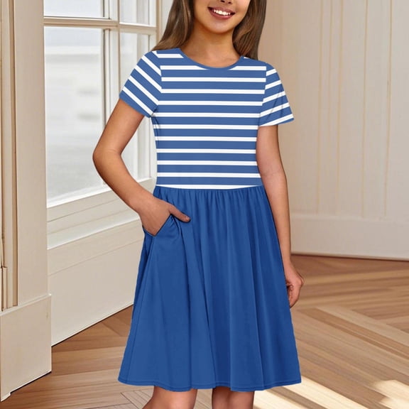 JUSLIO Girls Striped Dress with Pockets Casual Short Sleeve Dresses Size 3 Y