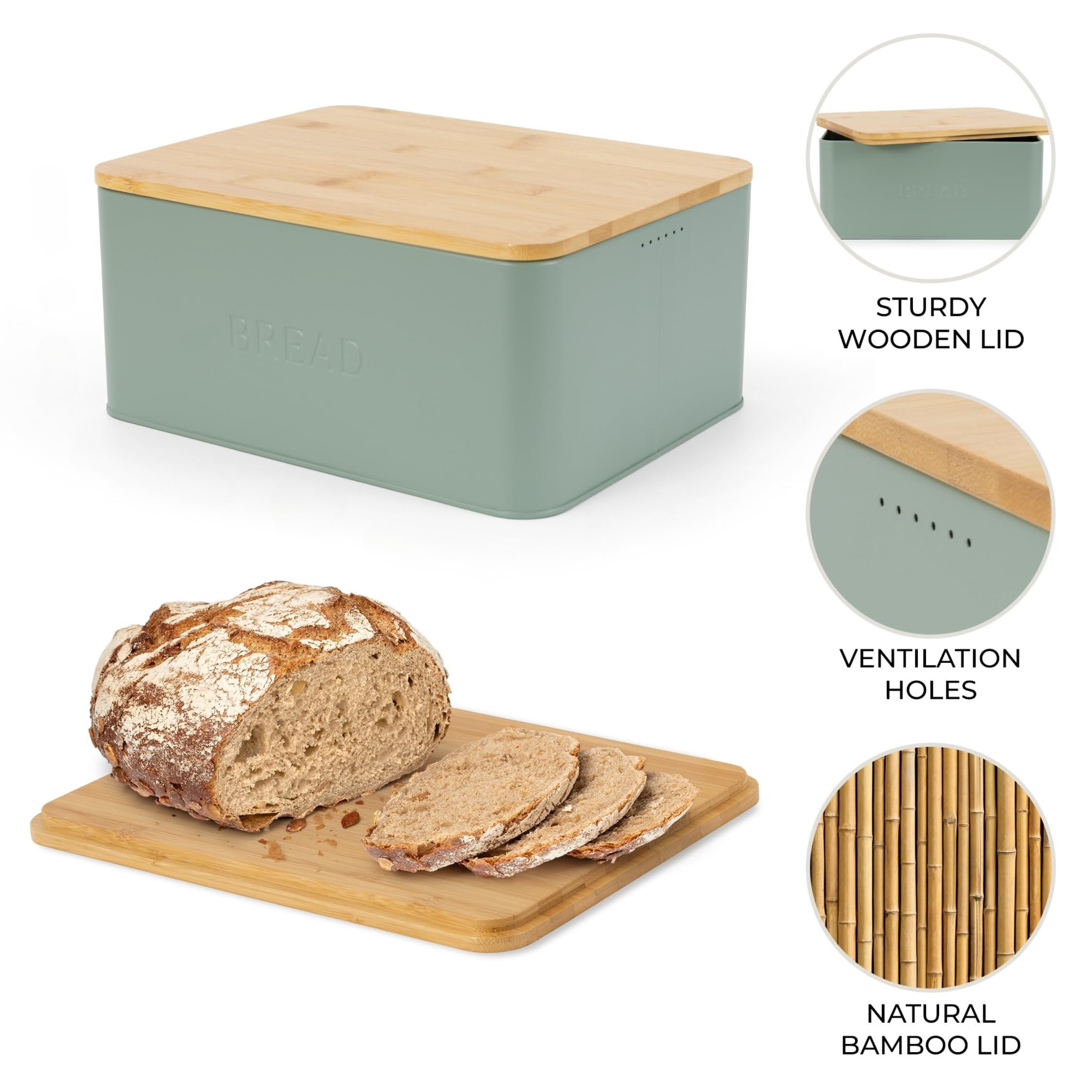 Stylish Bread Box with Wooden Lid for Kitchen Countertop, Spacious Storage Container for Homemade Bread Muffins Bagels, Premium Cutting Board Lid Keeps Bread Fresh