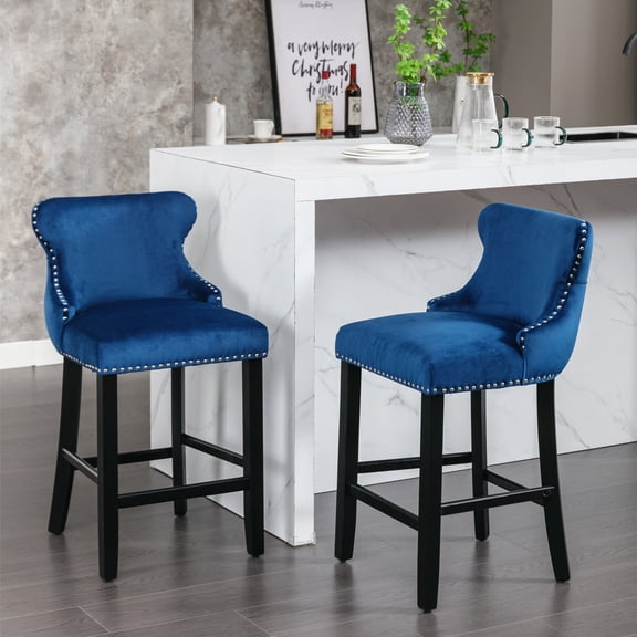 MIKIBAMA Blue Velvet Upholstered Barstools with Button Tufted Wooden Legs, Set of 2