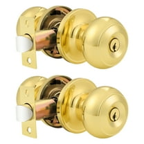 (2 Pack) knobelite Polished Brass Round Entry Door Knobs Keyed Alike, Exterior/Interior Door Handles Bedroom Bathroom/Front/Offic Doors, Door Lock with Locks and 3 Combo Keys Lock Security