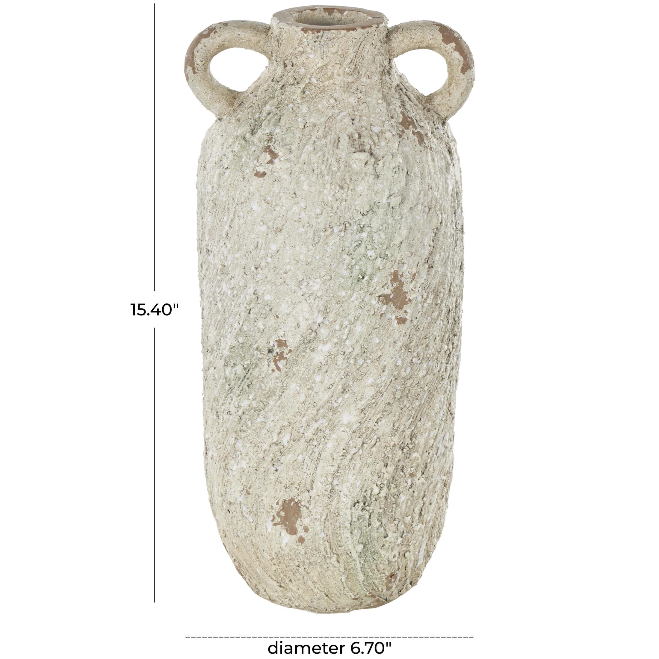 DecMode 15" Antique Textured Amphora Cream Magnesium Oxide Vase with 2 Small Handles