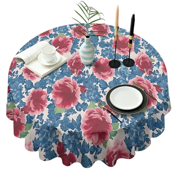 Pioneer Flower Floral Print Pattern Round Tablecloth 60"x60",Wrinkle Wipeable Table Cloth for Kitchen Dining Room Picnic Patio Party