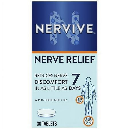 Nervive Nerve Relief, for Nerve Aches, Weakness, & Discomfort in Fingers, Hands, Toes & Feet, Alpha Lipoic Acid ALA, Vitamins B1, B6, & B12, Turmeric, Ginger, 30 Daily Tablets, 30-Day Supply