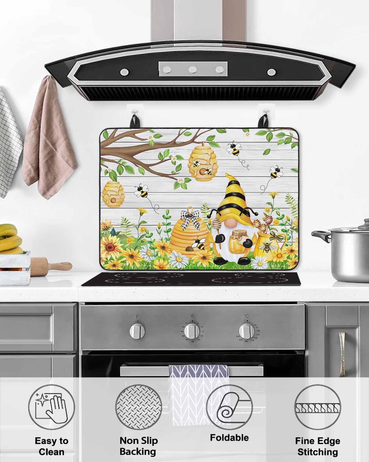 Large Induction Cooktop Protector Mat Yellow Daisy Gnomes Stove Top Covers for Electric Stove, Pastoral Bees Floral Botanical Wood Decorative Stove Burner Cover Mats, Glass Top Stove Cover