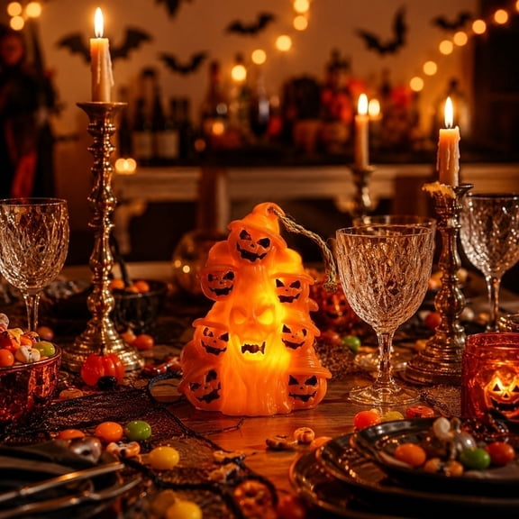 AZXY Halloween Lights, Orange Light Up Halloween Pumpkins Tabletop Decor, Stacked Witch Hat Jack O Lantern Ornament, Indoor Outdoor Halloween Decorations for Home Party Yard Porch Halloween Decor