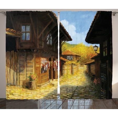 - Rustic Curtains 2 Panels Set, Middle Age Wooden Houses on Fall Season Day Ottoman Balkans Traditional Style Print, Living Room Bedroom Decor, Brown Blue, by Ambesonne