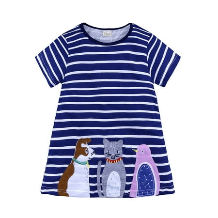 

Toddler Girls Casual Cotton Short Sleeve Casual Dress Cartoon Appliques Striped Princess Dresses