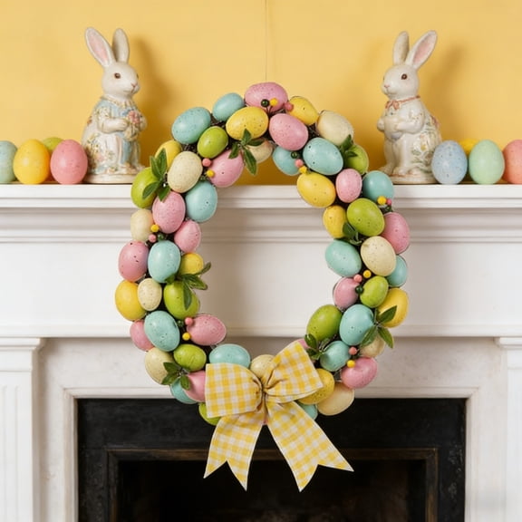 Cadancy Easter Wreath for Front Door, Artificial Egg Garland Spring Floral Decoration, Faux Flower Wall Hanging Ornament, Holiday Party Home Outdoor Porch Supplies