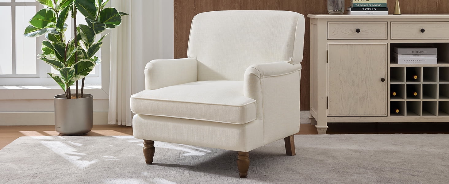 MAYEERTY Vintage Linen Upholstered Armchair - Antique Wood Legs, For Living Room/Bedroom, Cream