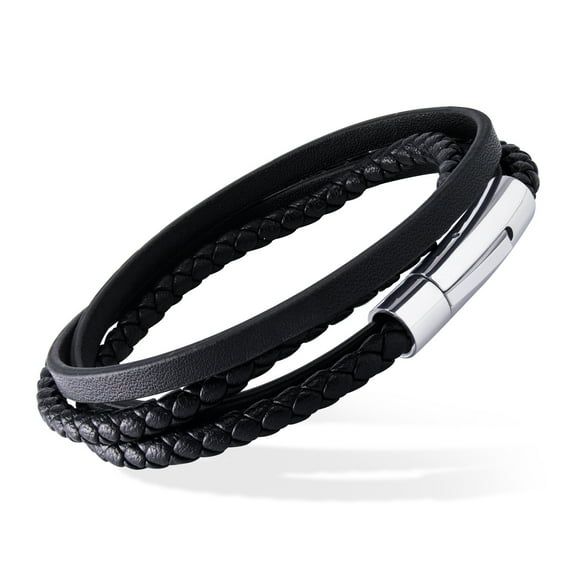 555Jewelry Mens Unisex Stainless Steel Braided Wrap Multi Layer Leather Cord Magnetic Clasp Wristband Bracelet, Silver 7.5 Inch
