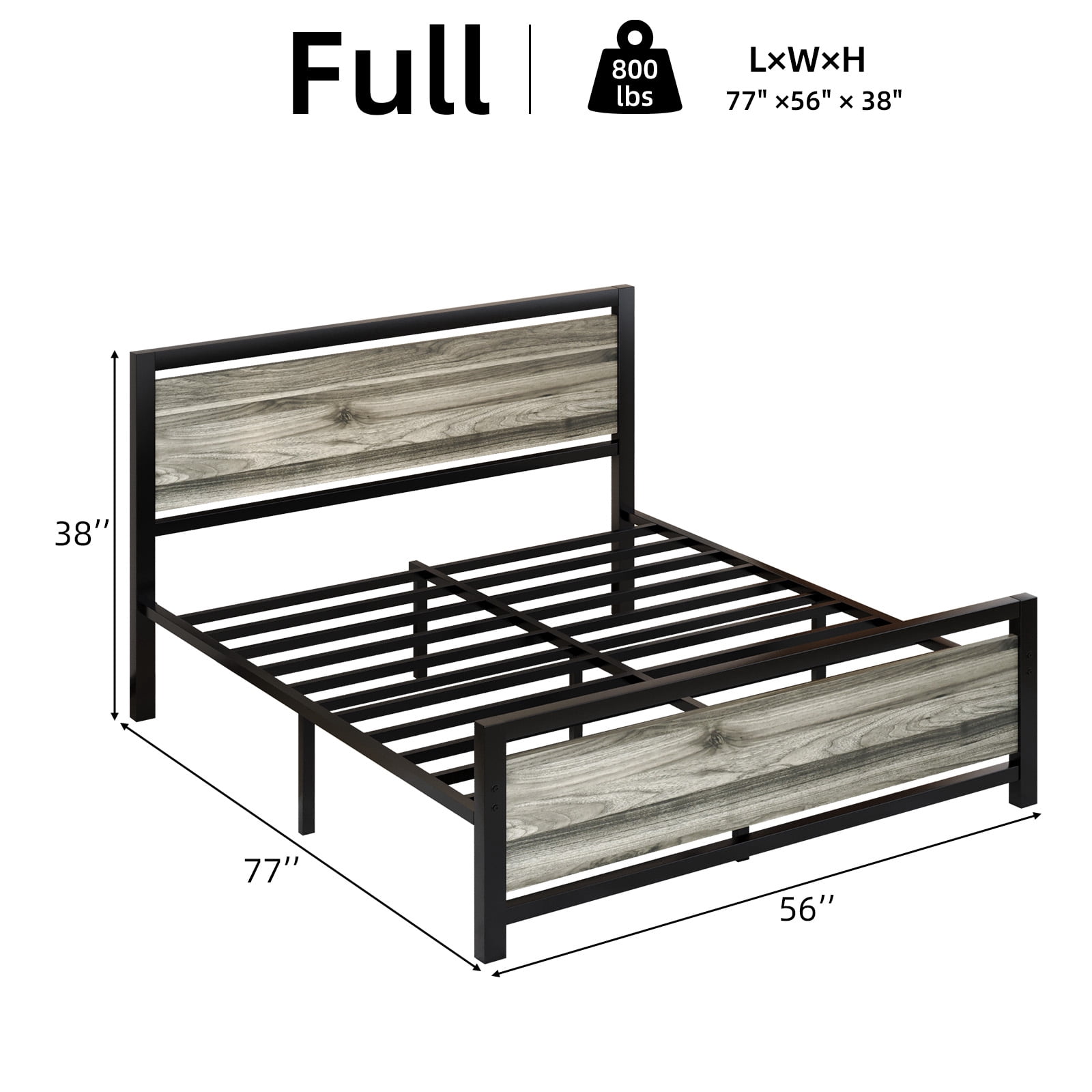 4 EVER WINNER Full Bed Frame with Headboard, Industrial Style Bed Frame Full Size, Full Size Bed Frame with Wooden Footboard, No Box Spring Needed, Noise-Free, Easy Assembly, Grey